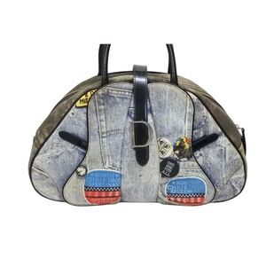 Dior Boston Black Saddle Blue  Double CHRISTIAN Bag Denim Multicolor